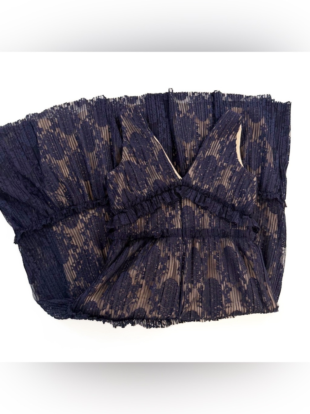 Maggy London Dress Womens 2 Petite Navy Blue Beige Lace Midi V Neck - Picture 10 of 10